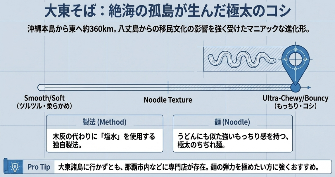 木灰の代わりに塩水を使用して作られる、もっちりとした強いコシを持つ極太ちぢれ麺の大東そばの解説