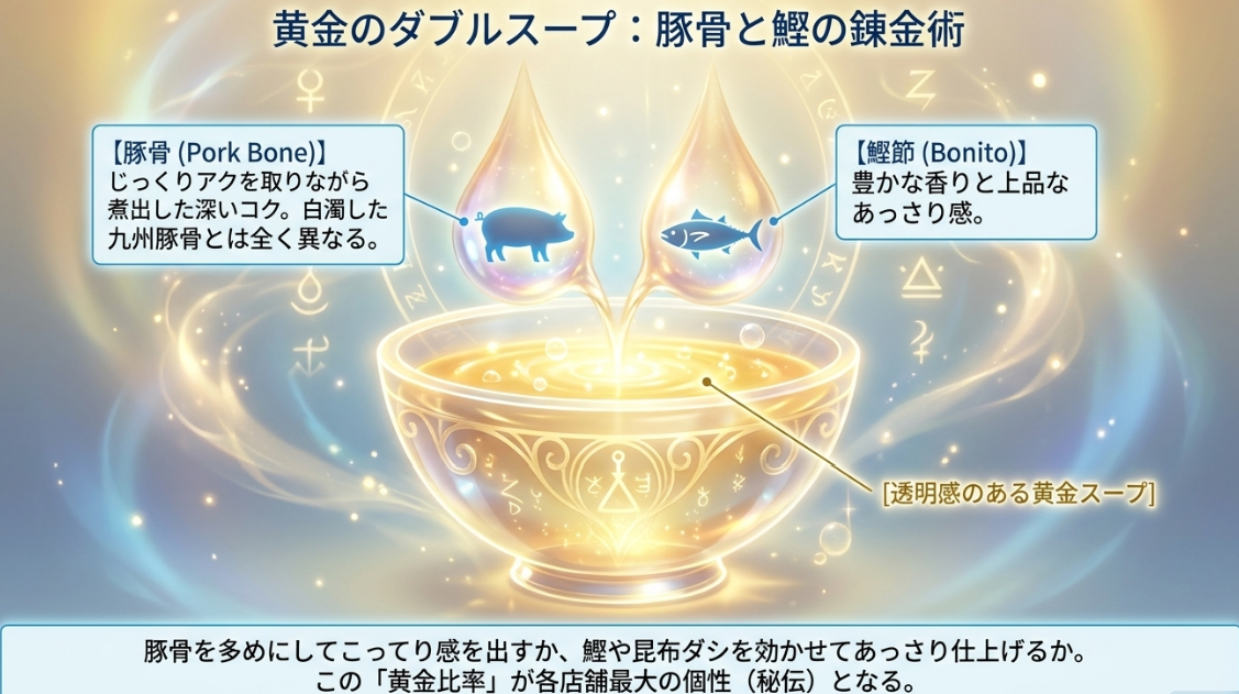 深いコクの豚骨ダシと豊かな香りの鰹節ダシを合わせた、透明感のある黄金のダブルスープの解説図