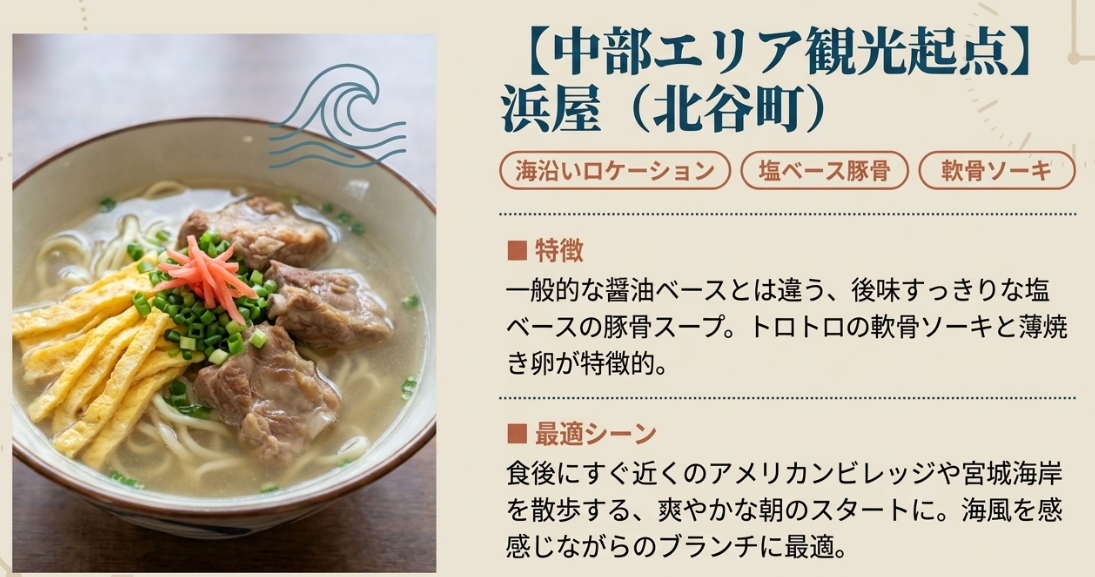 中部エリア観光起点「浜屋(北谷町)」。後味すっきりな塩ベース豚骨スープの軟骨ソーキそば