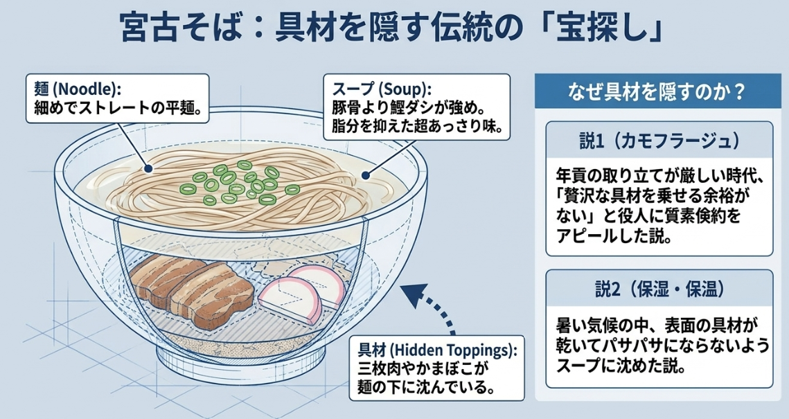 細めのストレート平麺の下に三枚肉やかまぼこの具材を隠して提供する、宮古そばの構造と理由を解説した図