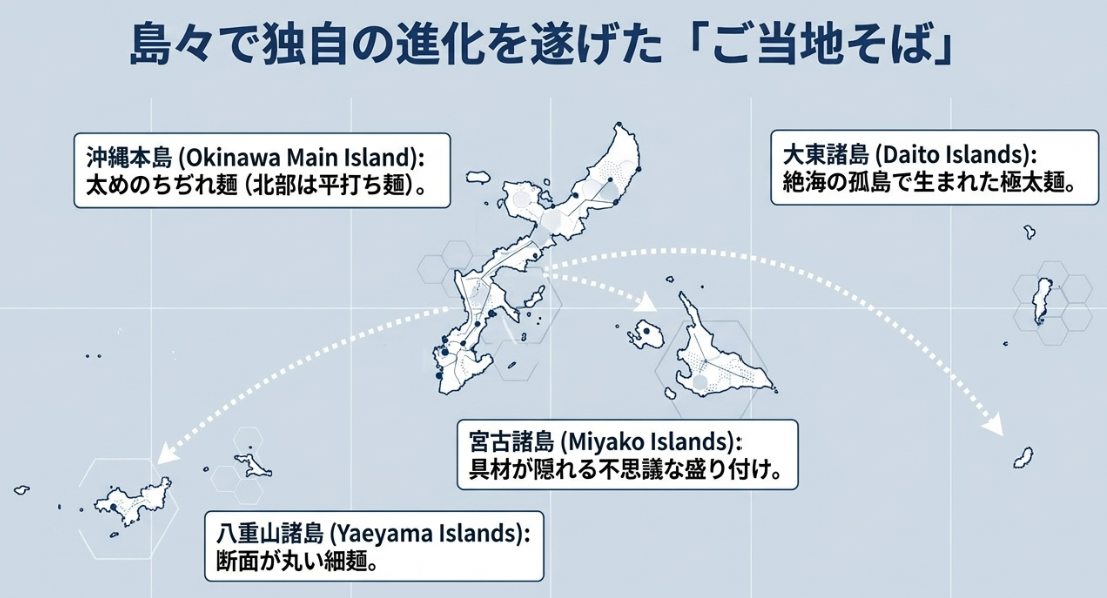沖縄本島、宮古諸島、八重山諸島、大東諸島でそれぞれ独自の進化を遂げたご当地そばの分布マップ