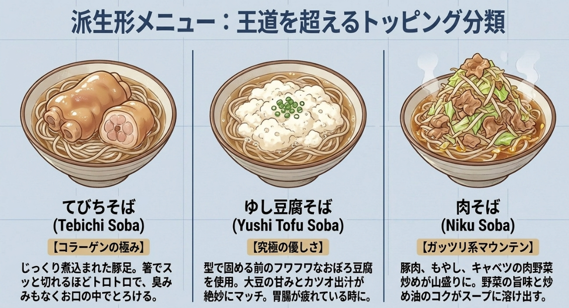 トロトロの豚足が乗ったてびちそば、フワフワの豆腐を使ったゆし豆腐そば、肉野菜炒めが乗った肉そばのイラスト