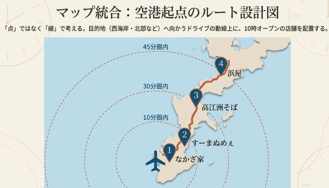 マップ統合:空港起点のルート設計図。なかざ家、すーまぬめぇ、高江洲そば、浜屋への所要時間