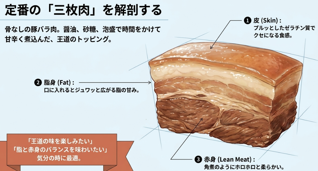 皮・脂身・赤身の3層からなる三枚肉（豚バラ肉）の断面と、それぞれの部位の食感を解説した図