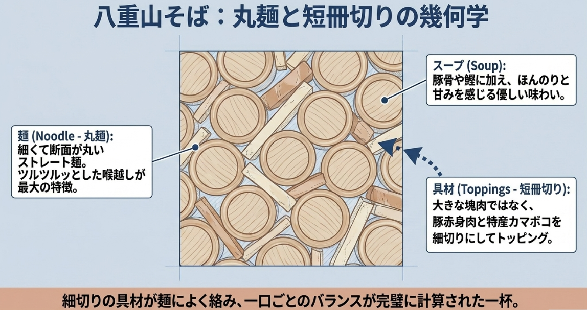 断面が丸い細麺と、細切り（短冊切り）にされた豚赤身肉・カマボコが特徴的な八重山そばの図